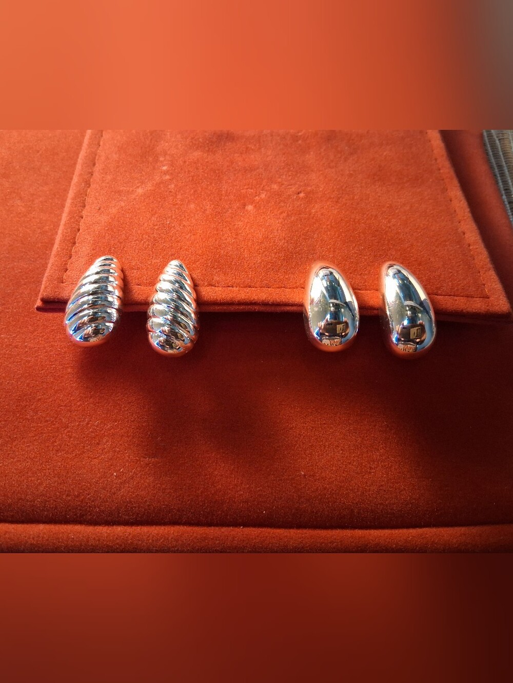 Vintage Silver-Tone Clip-On Earrings Chunky Ribbed & Smooth Teardrop Set